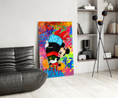Pop-graffiti panel against a brick or moody concrete accent wall
