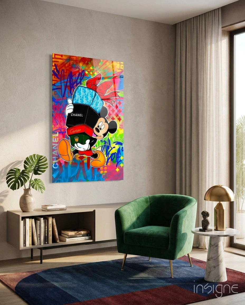 Mickey World of Brands pop-graffiti glass wall art in a modern designer's boutique