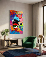 Mickey World of Brands pop-graffiti glass wall art in a modern designer's boutique