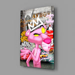 Close-up detail of the crowned Pink Panther and graffitied brand tags behind glass