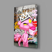 Close-up detail of the crowned Pink Panther and graffitied brand tags behind glass