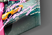 Pink Panther City States glass wall art catching light to reveal its graffiti detail