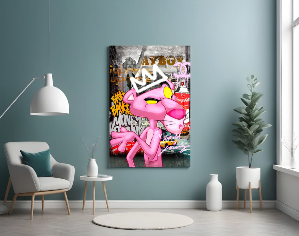 Pop-graffiti glass print bringing street energy to a luxe lounge