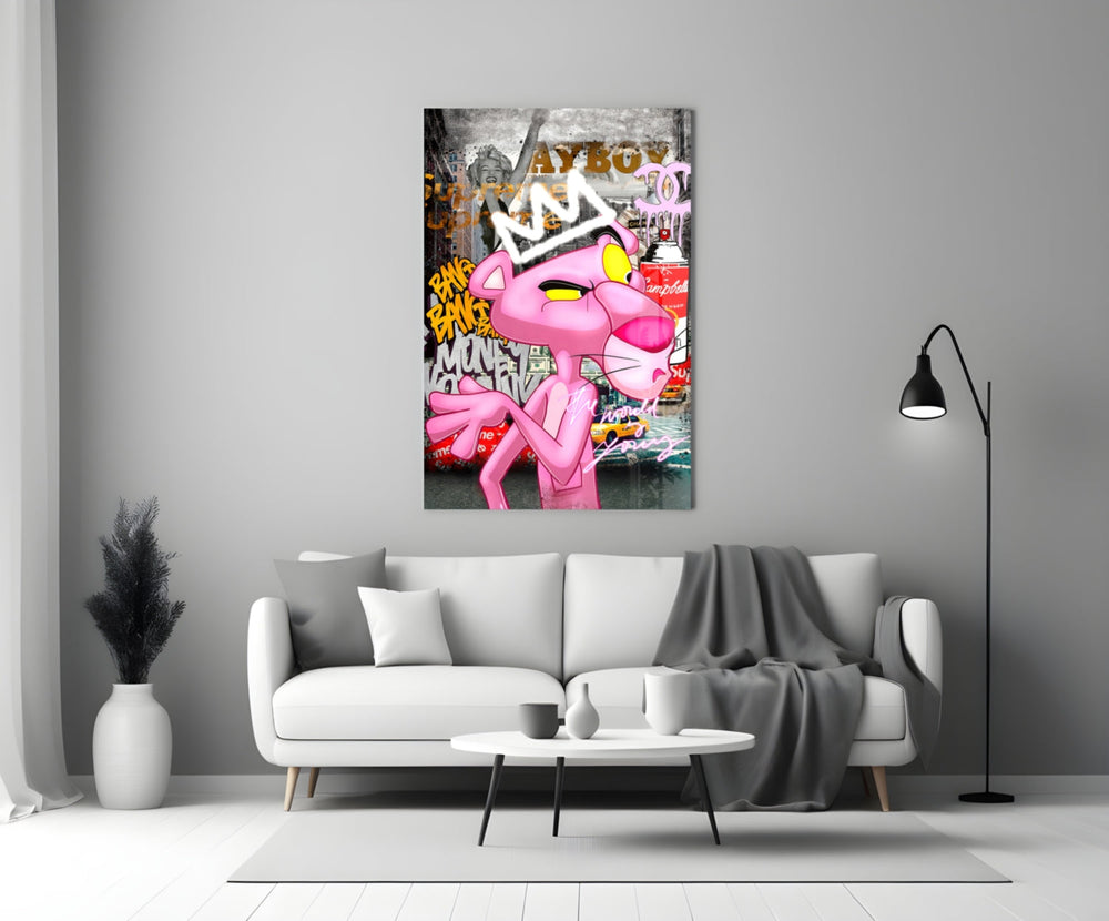 Pink Panther artwork styled in a teen's bedroom with bold accents