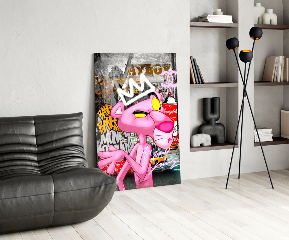 Pink Panther panel against a brick or moody concrete accent wall