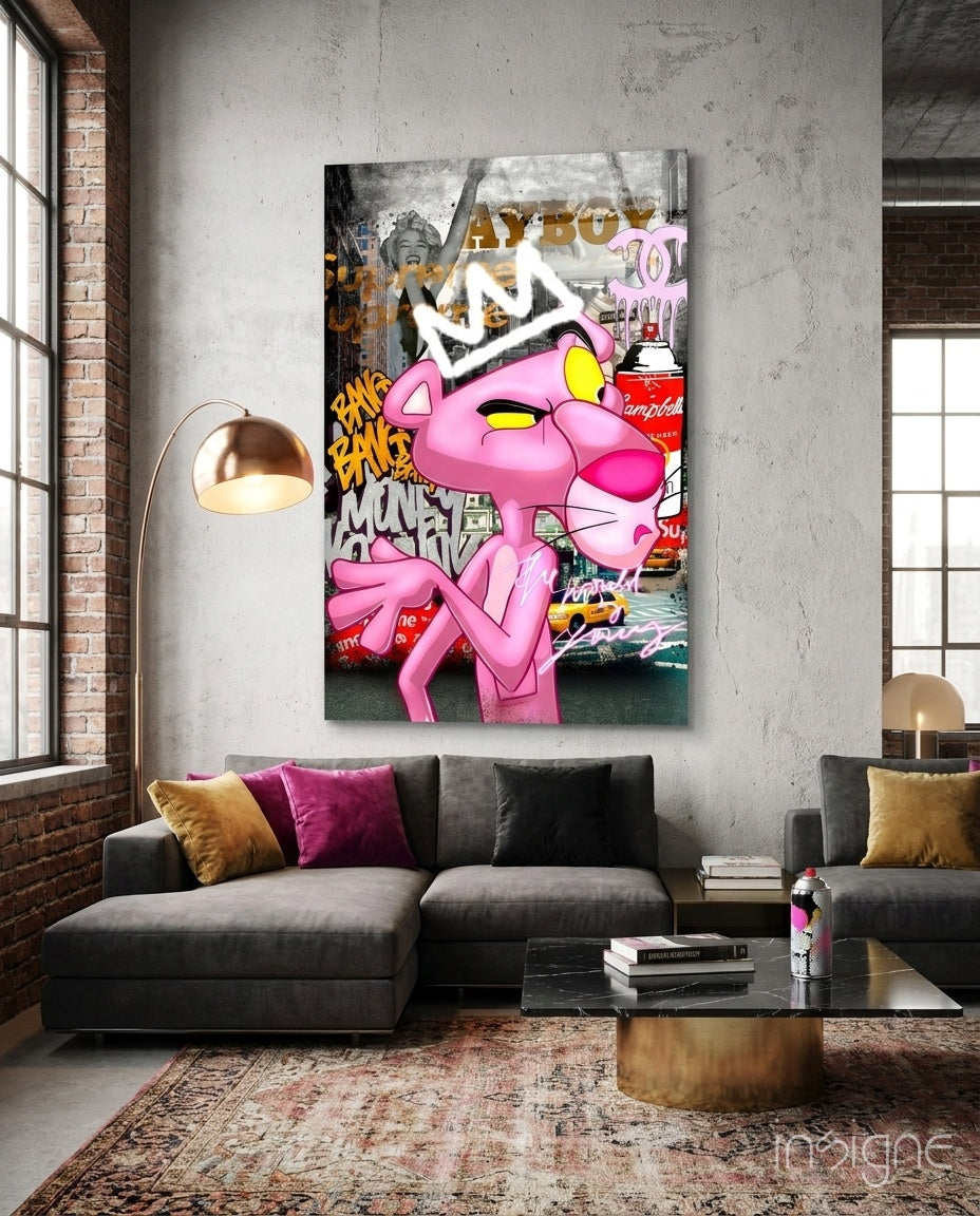 Pink Panther City States pop-graffiti glass wall art in a modern creative loft