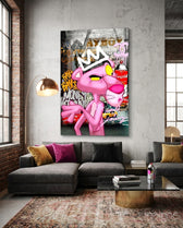 Pink Panther City States pop-graffiti glass wall art in a modern creative loft