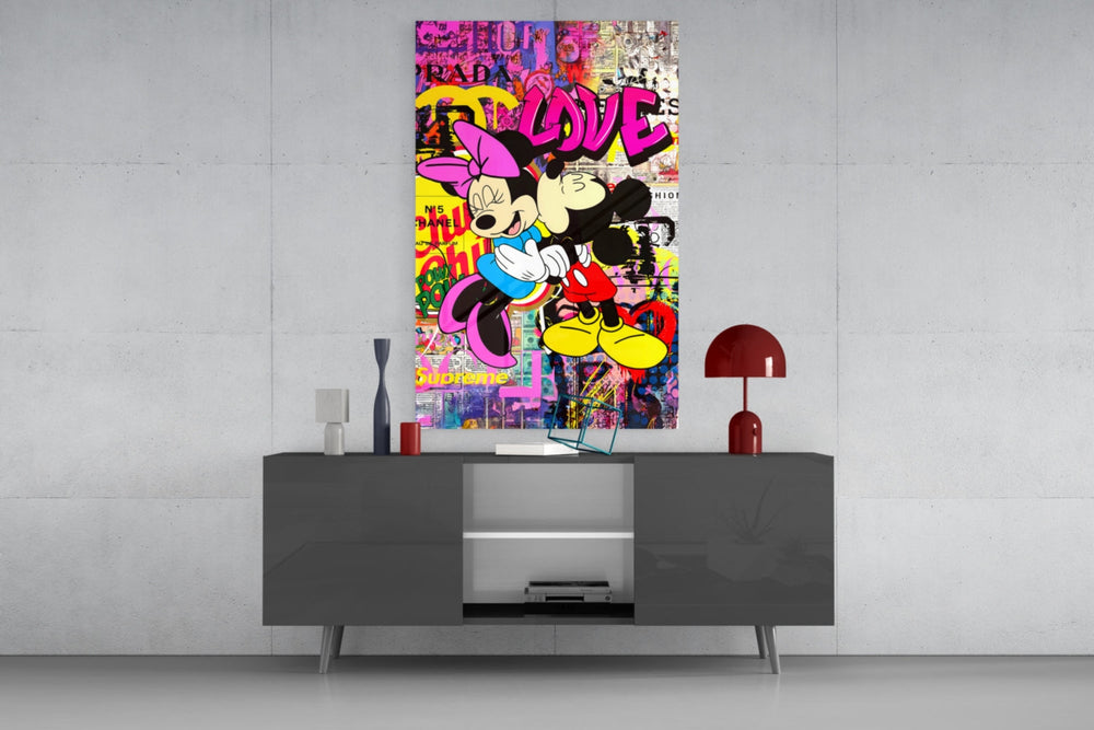 Mickey and Minnie Love glass wall art catching light to reveal its brand-tag layers