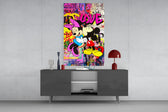 Mickey and Minnie Love glass wall art catching light to reveal its brand-tag layers