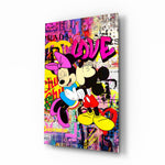 Mickey and Minnie Love pop-graffiti glass wall art in a modern designer's boutique