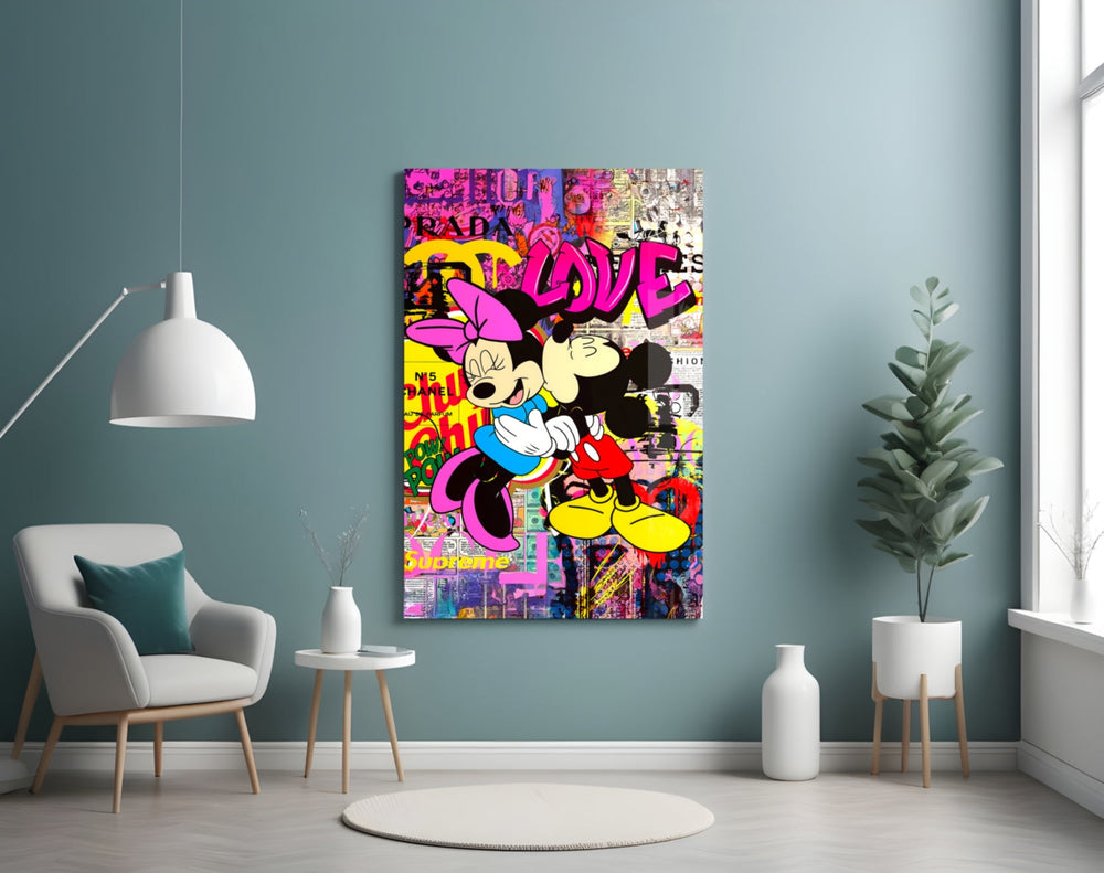 Mickey and Minnie artwork styled in a teen's bedroom with vibrant accents