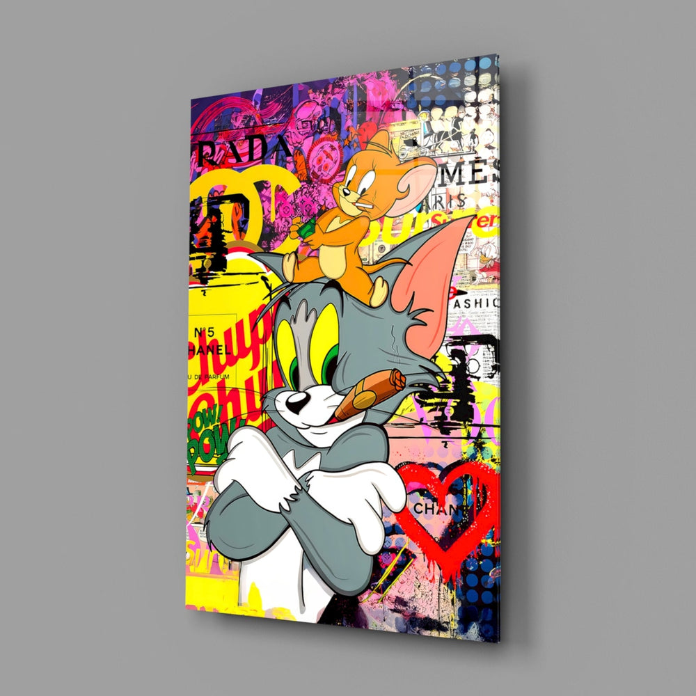 Close-up detail of Tom with cigar and Jerry tossing cash behind glass