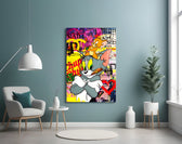Pop-graffiti glass print bringing wit to a barbershop interior