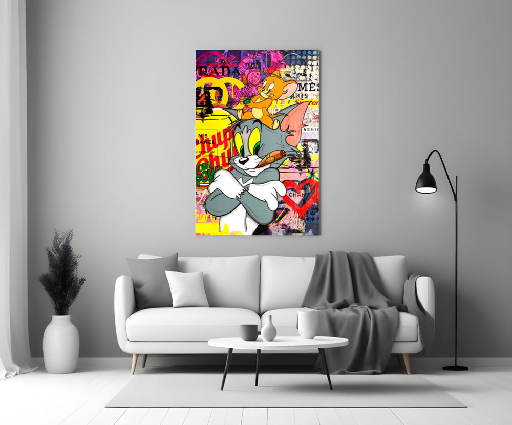 Tom and Jerry artwork styled in a teen's bedroom with bold accents