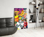 Cartoon-luxury panel against a wood-paneled accent wall