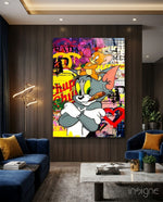 Tom and Jerry Street Art pop-graffiti glass wall art in a modern creative loft