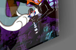 Bugs and Lola glass wall art catching light to reveal its graffiti layers