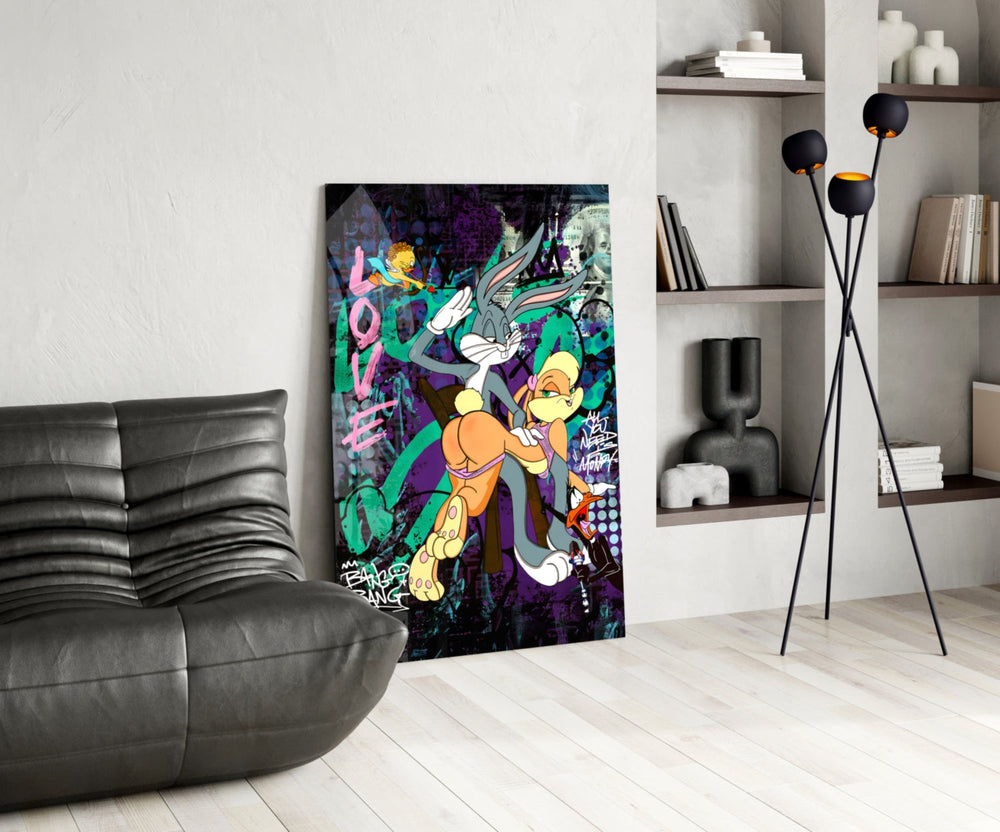 Cartoon-luxury panel against a moody concrete-look accent wall