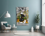 Pop-graffiti glass print bringing hustle edge to a man cave