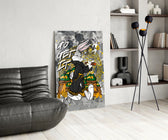 Cartoon-luxury panel against a black-and-gold painted accent wall