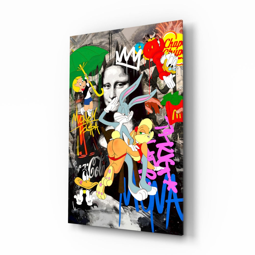 Cartoon-collage panel anchoring a creative loft wall