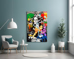Pop-collage glass print bringing wit to a barbershop interior