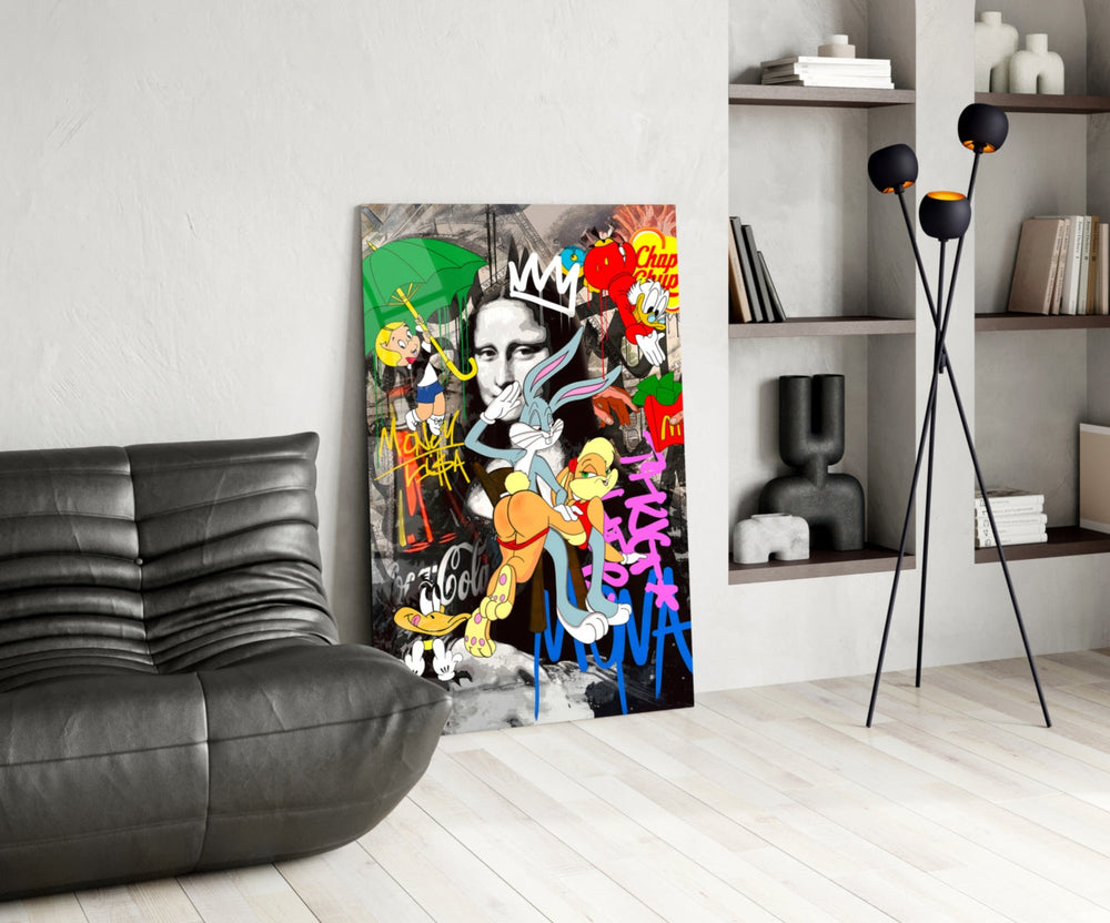 Cartoon-luxury panel against a brick or moody concrete accent wall