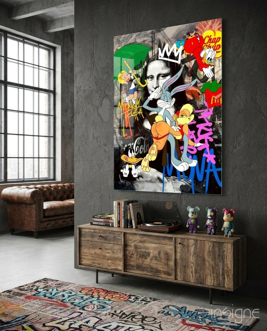 Mona Lisa Pop Art Mayhem glass wall art in a modern designer's boutique