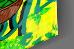 Scrooge Golden Throne glass wall art catching light to reveal its graffiti layers