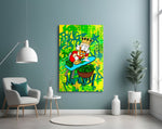 Pop-graffiti glass print bringing hustle edge to a man cave