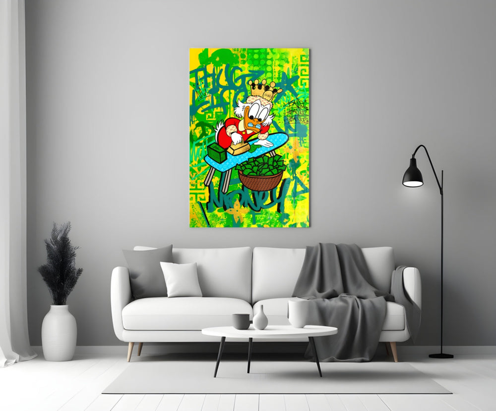 Scrooge artwork styled in a teen's bedroom with bold accents