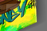Scrooge Money Tree glass wall art catching light to reveal its graffiti layers