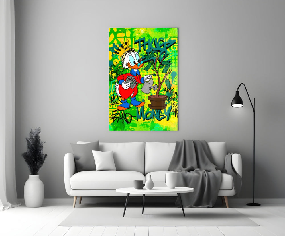 Scrooge artwork styled in a teen's bedroom with bold accents