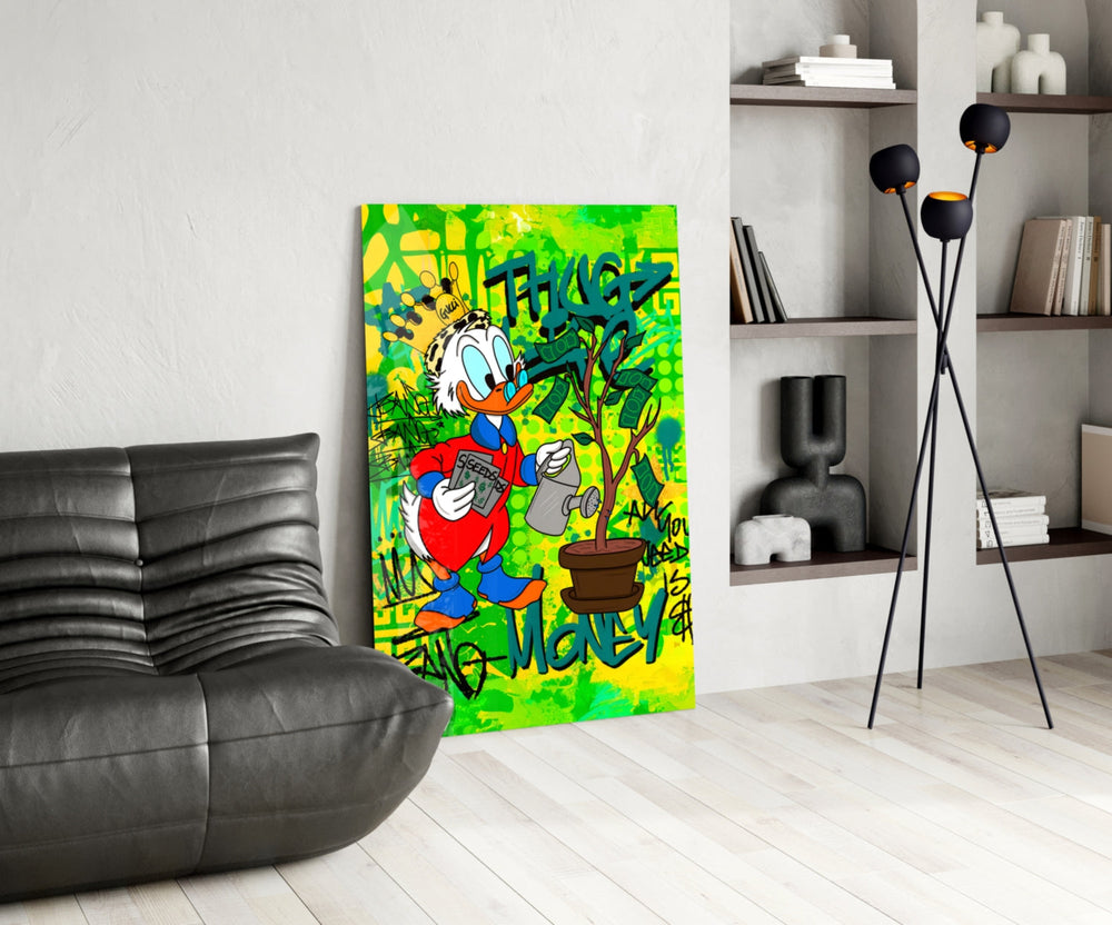 Cartoon-luxury panel against a moody concrete-look accent wall