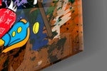 Money Move glass wall art catching light to reveal its graffiti layers