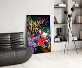 Cartoon-luxury panel against a moody concrete-look accent wall