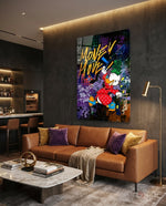 Money Move Luxury Duck pop-graffiti glass wall art in a modern executive office