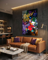 Money Move Luxury Duck pop-graffiti glass wall art in a modern executive office