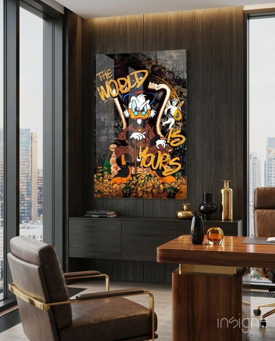 World Is Yours Scrooge pop-graffiti glass wall art in a modern executive office