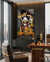 World Is Yours Scrooge pop-graffiti glass wall art in a modern executive office