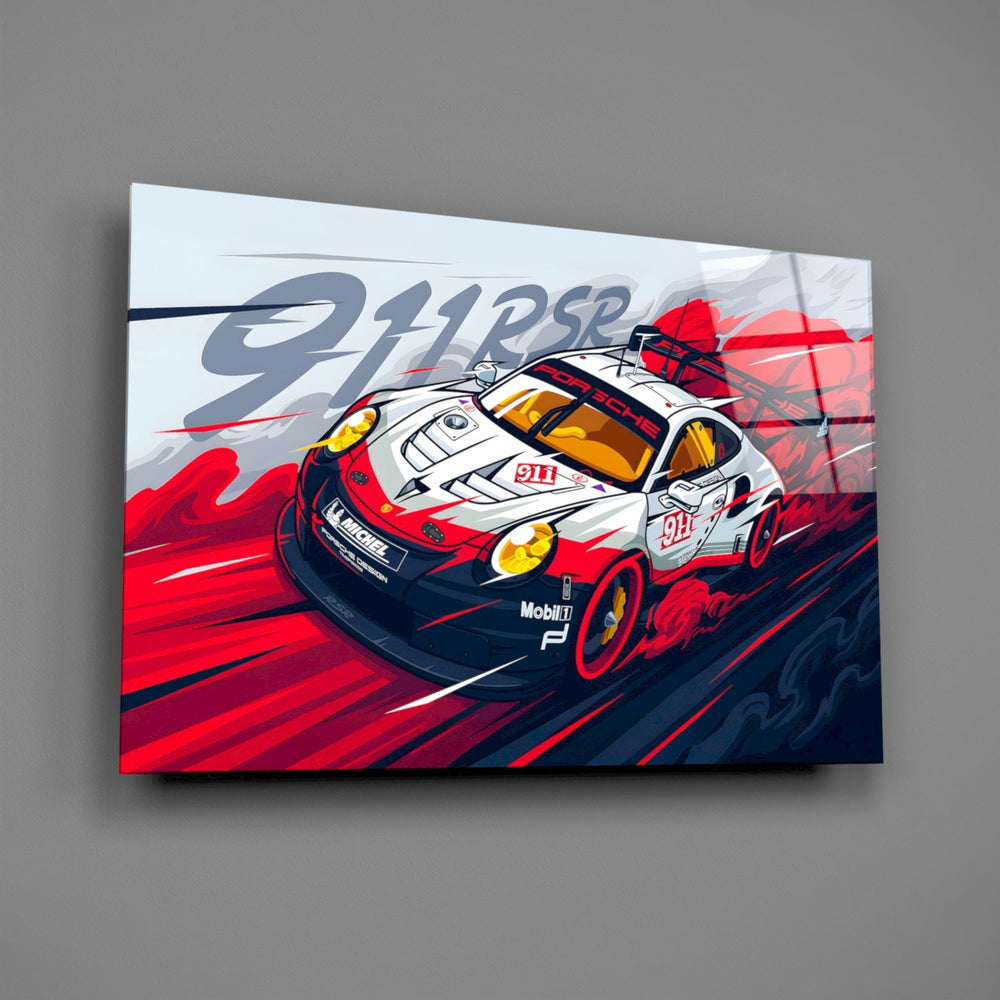 Close-up detail of the Porsche 911 RSR and scarlet smoke ribbons behind glass
