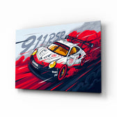 Designer-collection comic panel anchoring a garage lounge wall