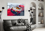 Comic-style glass print bringing speed to an executive office