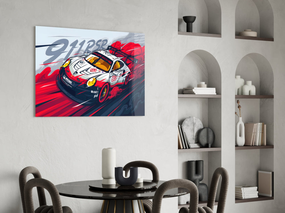 Motorsport panel against a concrete-look or wood-paneled accent wall