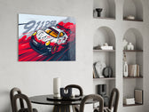 Motorsport panel against a concrete-look or wood-paneled accent wall