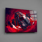 Designer-collection comic panel anchoring a garage lounge wall