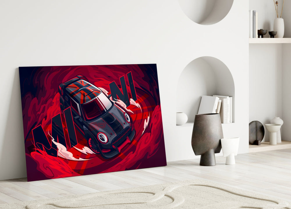 Close-up detail of the Mini Cooper and scarlet smoke vortex behind glass
