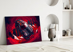 Close-up detail of the Mini Cooper and scarlet smoke vortex behind glass