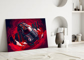 Close-up detail of the Mini Cooper and scarlet smoke vortex behind glass