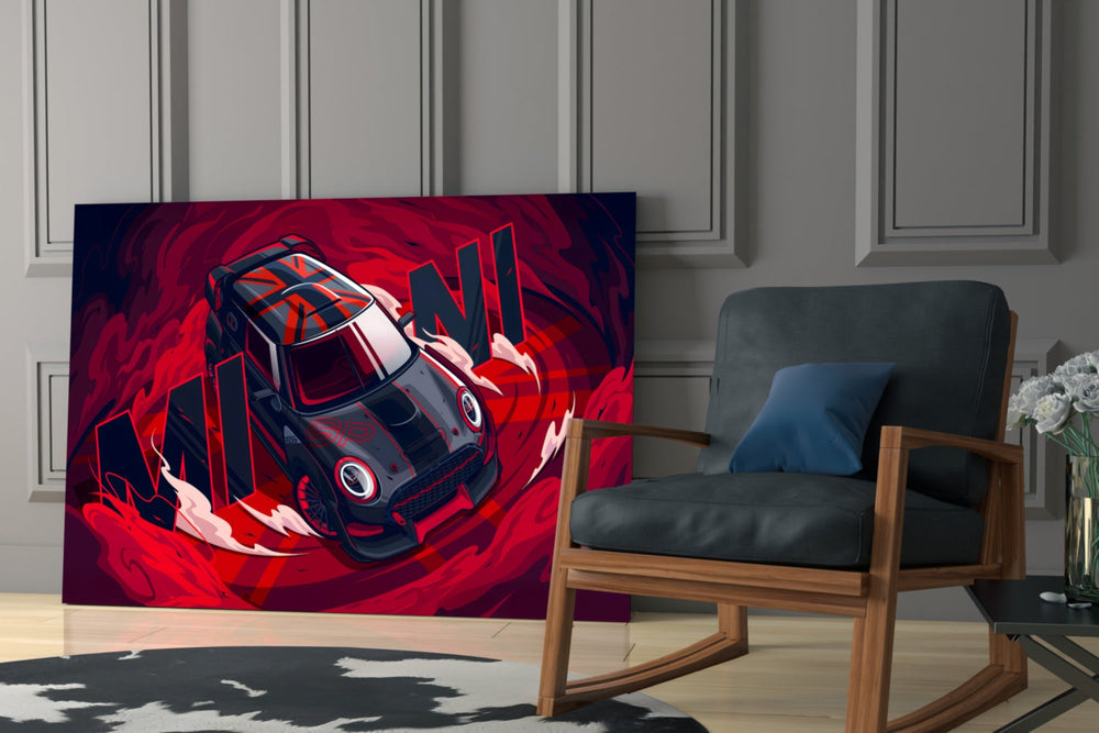 Motorsport panel against a concrete-look or wood-paneled accent wall